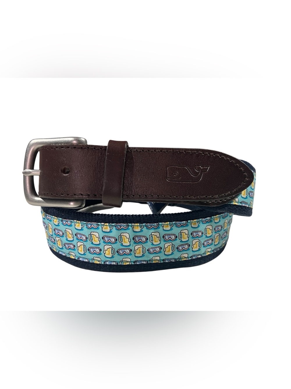 Vineyard Vines Canvas Leather Belt Beer Goggles Size 32 Preppy Casual Whimsical